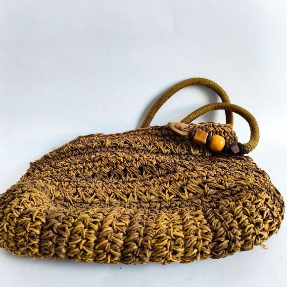 Boho Vintage Toyo Straw Woven Bag Wooden Beads Leather Handles 12"x8" Natural - Picture 7 of 11
